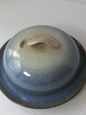 Ceramic Pottery Covered (Butter) Dish in Blue and Cream